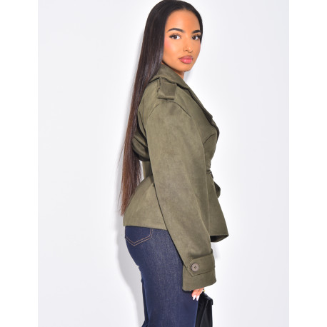 Kurzer Trenchcoat aus Wildlederimitat mit Bindegürtel