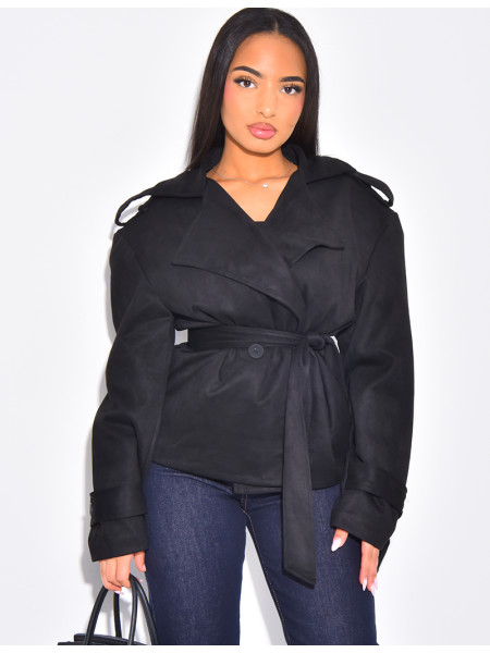 Kurzer Trenchcoat aus Wildlederimitat mit Bindegürtel