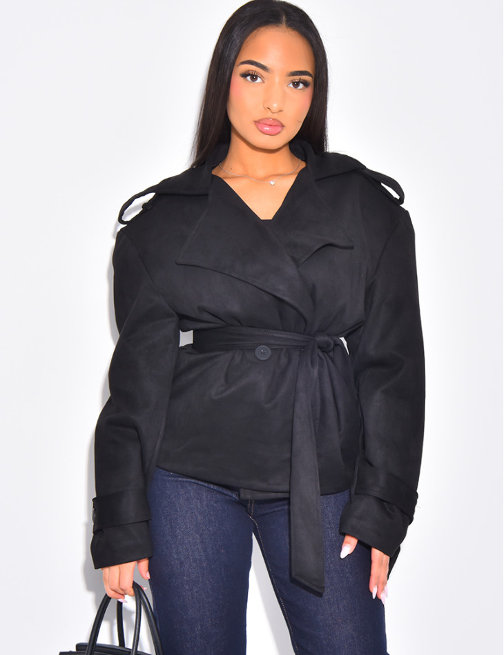 Kurzer Trenchcoat aus Wildlederimitat mit Bindegürtel