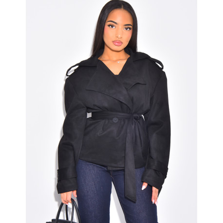 Kurzer Trenchcoat aus Wildlederimitat mit Bindegürtel