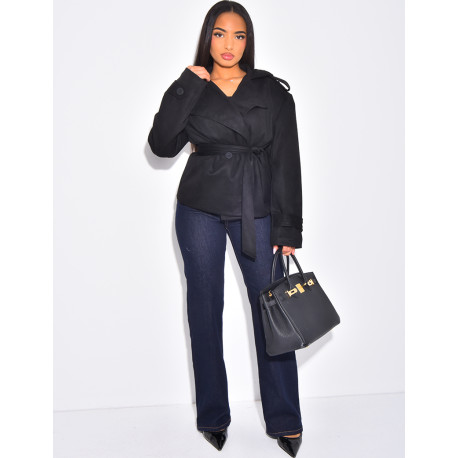 Kurzer Trenchcoat aus Wildlederimitat mit Bindegürtel