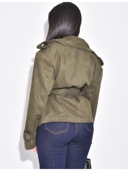 Kurzer Trenchcoat aus Wildlederimitat mit Bindegürtel