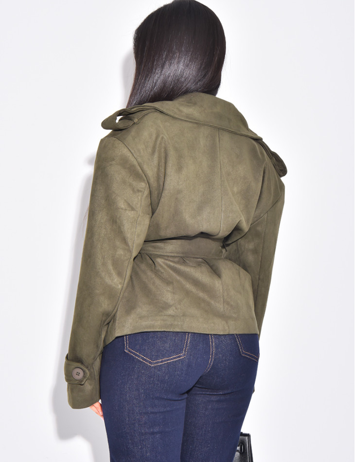 Kurzer Trenchcoat aus Wildlederimitat mit Bindegürtel