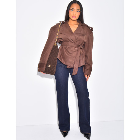 Kurzer Trenchcoat aus Wildlederimitat mit Bindegürtel