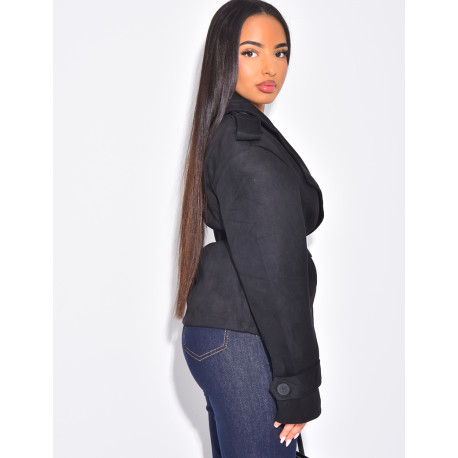 Kurzer Trenchcoat aus Wildlederimitat mit Bindegürtel