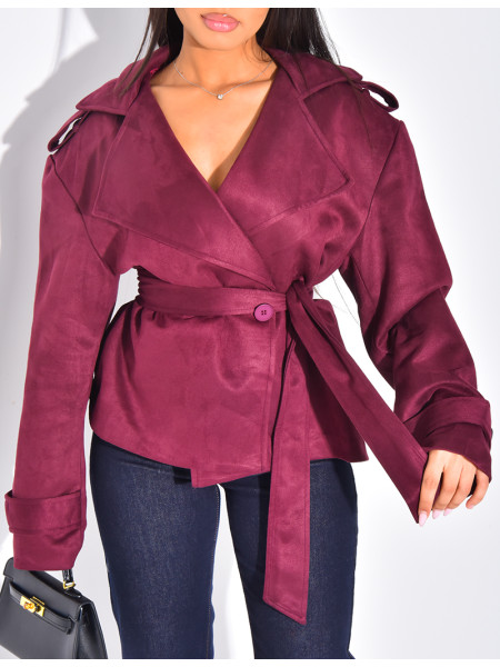 Kurzer Trenchcoat aus Wildlederimitat mit Bindegürtel