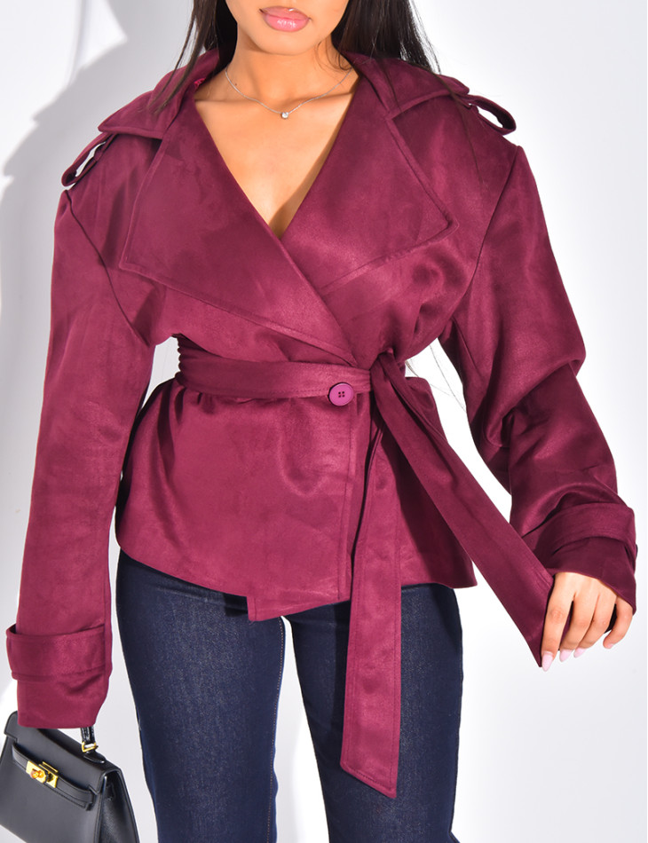 Kurzer Trenchcoat aus Wildlederimitat mit Bindegürtel