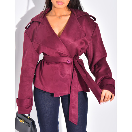 Kurzer Trenchcoat aus Wildlederimitat mit Bindegürtel