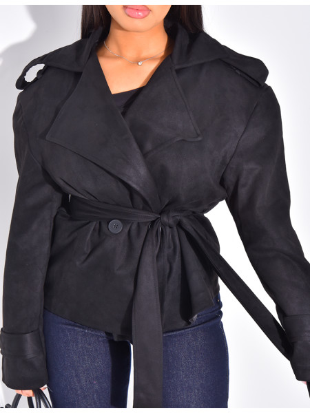 Kurzer Trenchcoat aus Wildlederimitat mit Bindegürtel