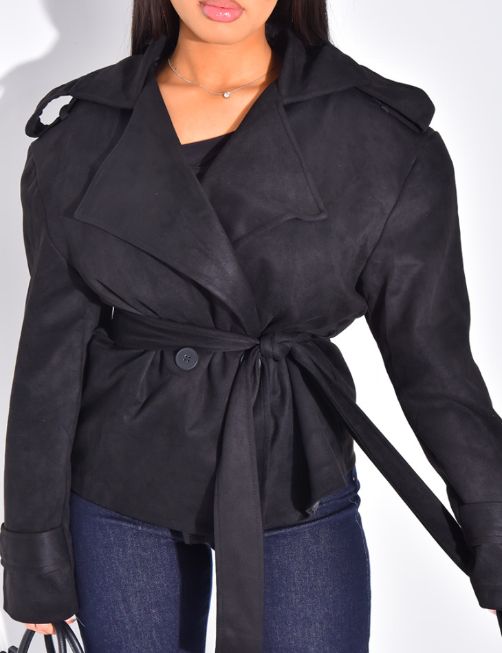 Kurzer Trenchcoat aus Wildlederimitat mit Bindegürtel