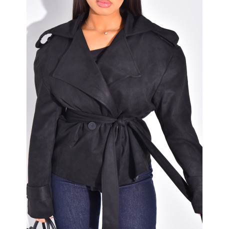 Kurzer Trenchcoat aus Wildlederimitat mit Bindegürtel