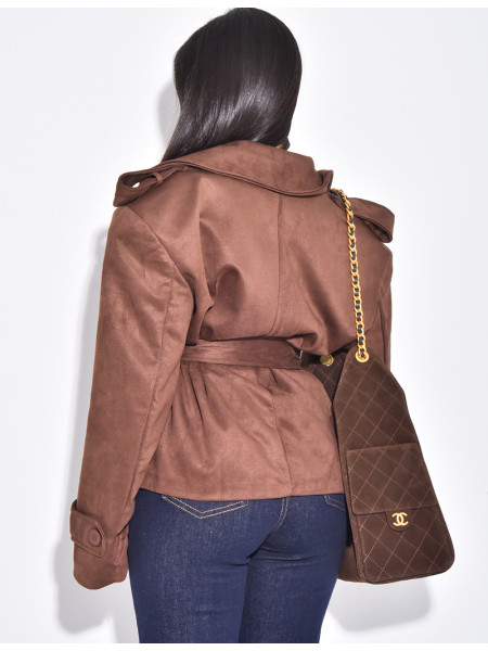 Kurzer Trenchcoat aus Wildlederimitat mit Bindegürtel