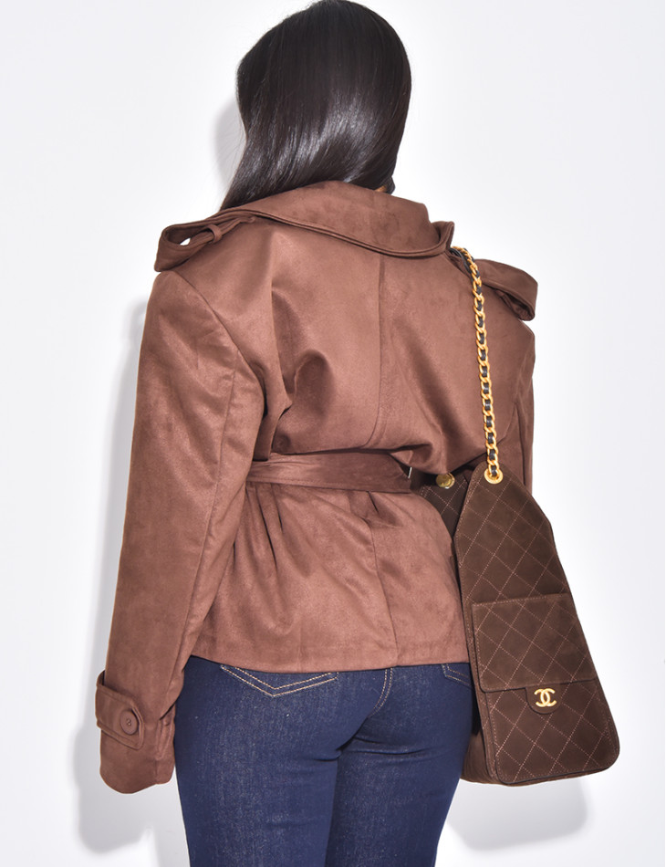 Kurzer Trenchcoat aus Wildlederimitat mit Bindegürtel