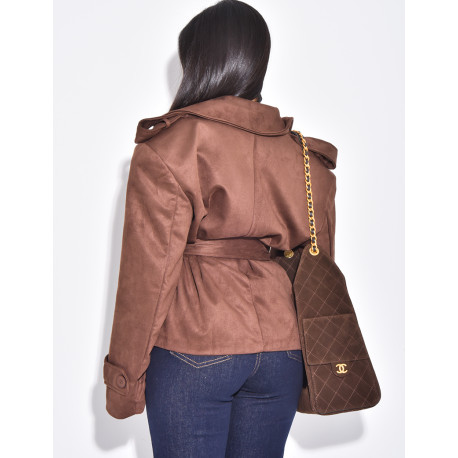 Kurzer Trenchcoat aus Wildlederimitat mit Bindegürtel