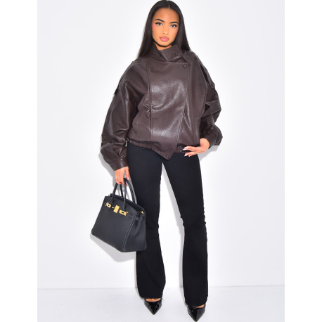 Oversized faux leather jacket with stand-up collar