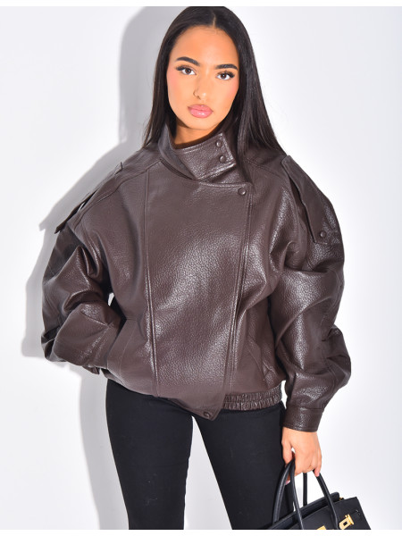 Oversized faux leather jacket with stand-up collar