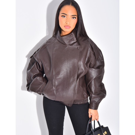 Oversized faux leather jacket with stand-up collar