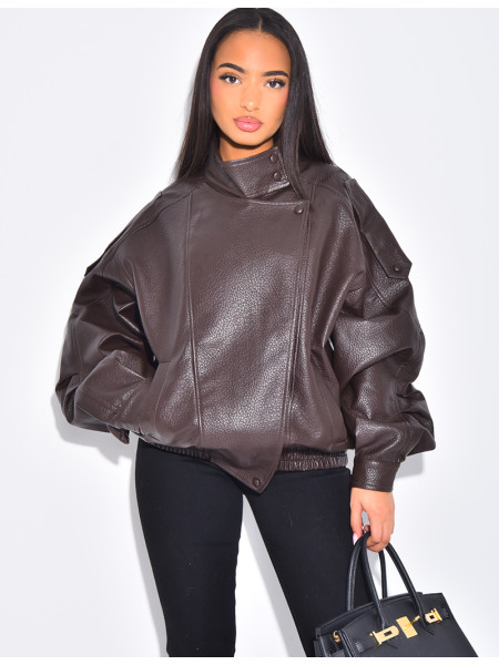 Oversized faux leather jacket with stand-up collar