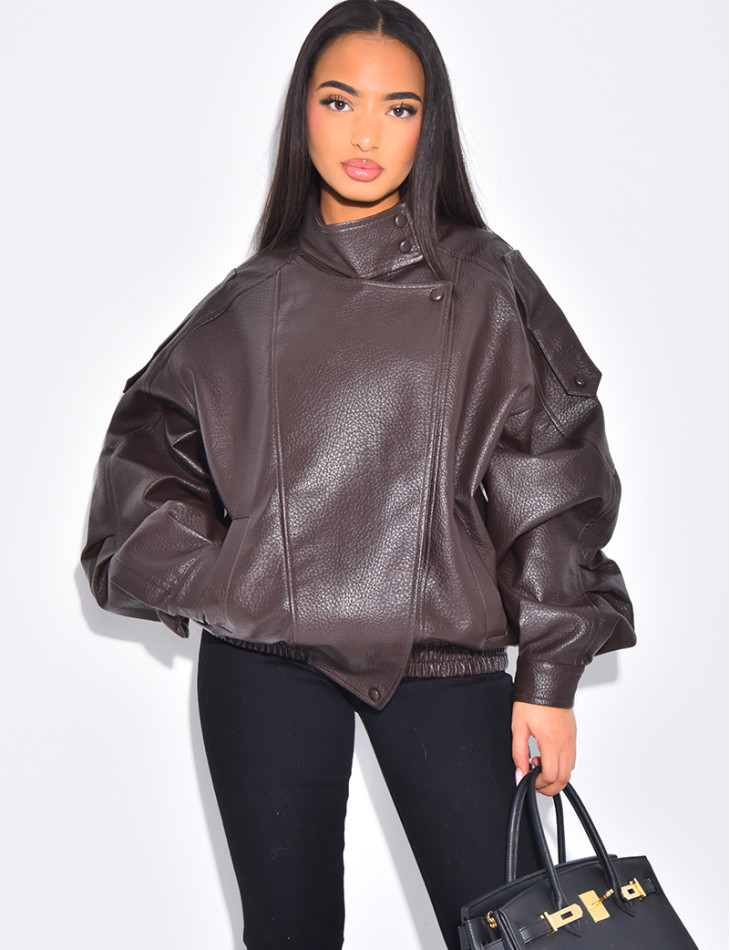 Oversized faux leather jacket with stand-up collar