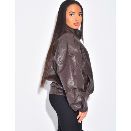 Oversized faux leather jacket with stand-up collar