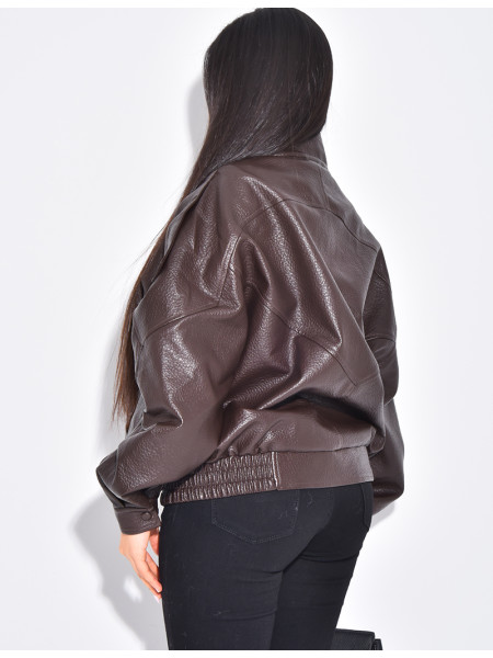 Oversized faux leather jacket with stand-up collar