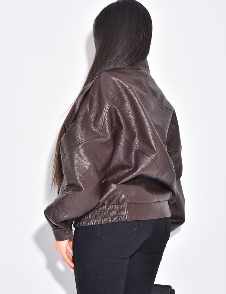 Oversized faux leather jacket with stand-up collar