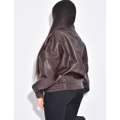 Oversized faux leather jacket with stand-up collar
