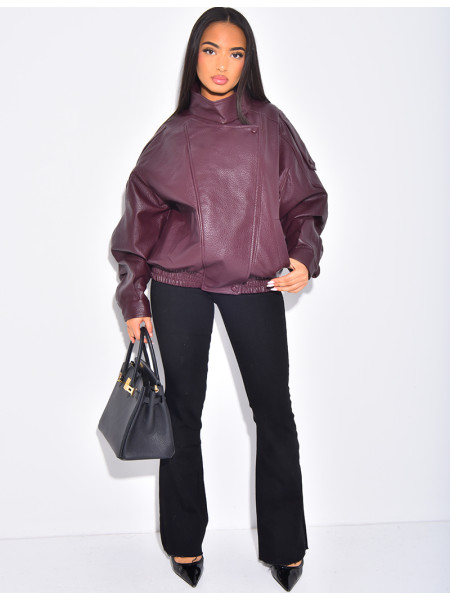 Oversized faux leather jacket with stand-up collar
