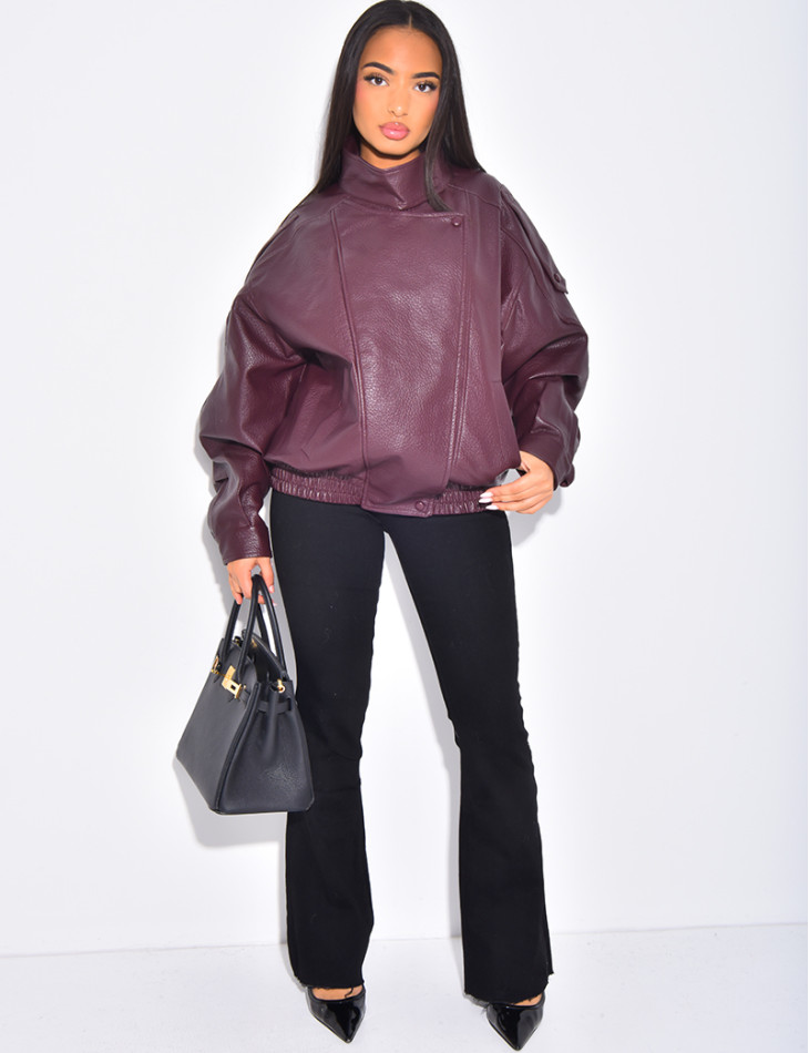 Oversized faux leather jacket with stand-up collar