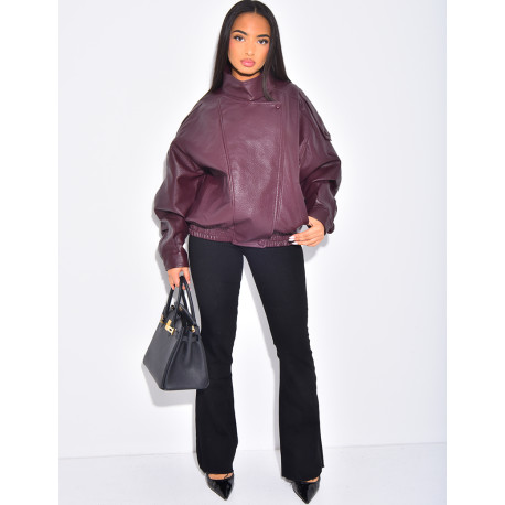 Oversized faux leather jacket with stand-up collar