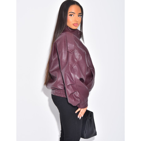 Oversized faux leather jacket with stand-up collar