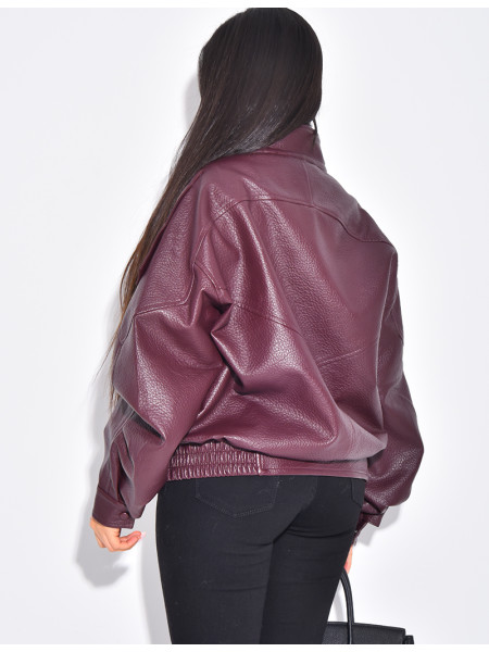 Oversized faux leather jacket with stand-up collar