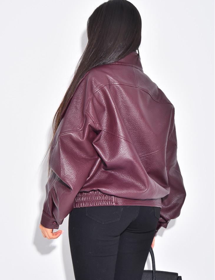Oversized faux leather jacket with stand-up collar