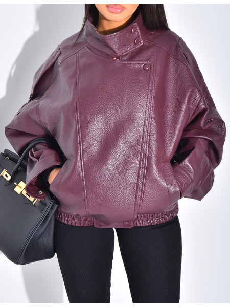 Oversized faux leather jacket with stand-up collar