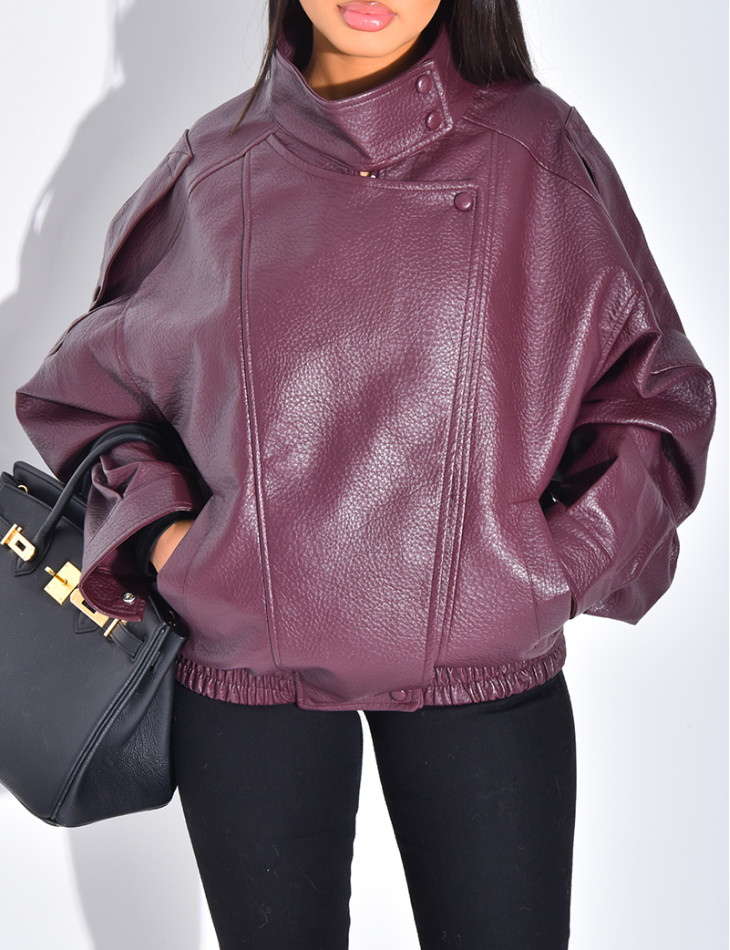 Oversized faux leather jacket with stand-up collar