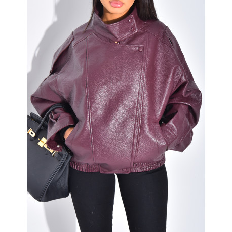Oversized faux leather jacket with stand-up collar