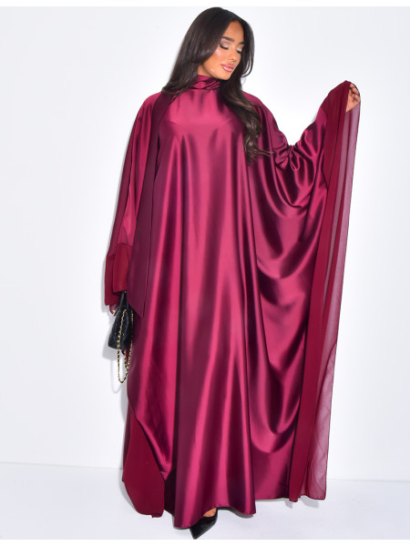 Thick satin abaya dress with sheer voile trim