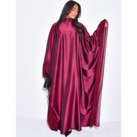 Thick satin abaya dress with sheer voile trim