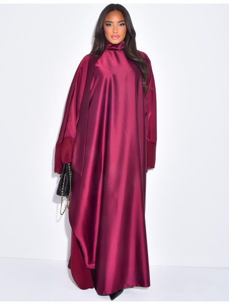 Thick satin abaya dress with sheer voile trim