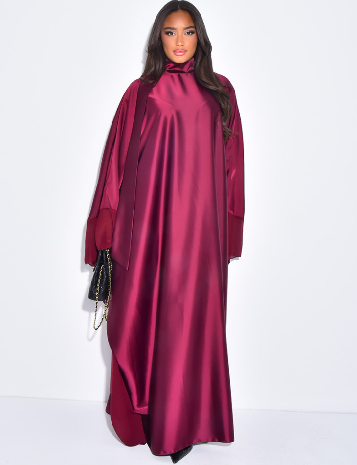 Thick satin abaya dress with sheer voile trim