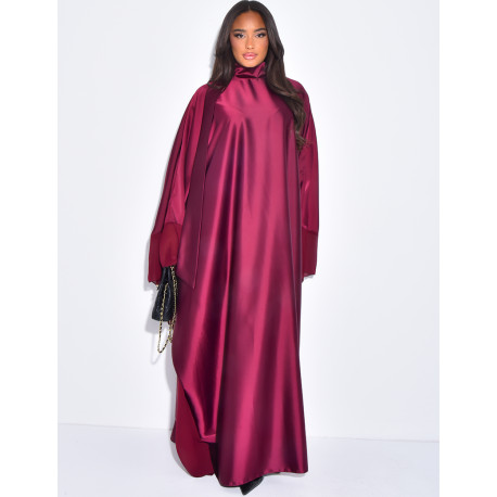 Thick satin abaya dress with sheer voile trim