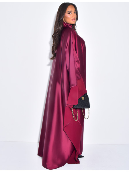 Thick satin abaya dress with sheer voile trim