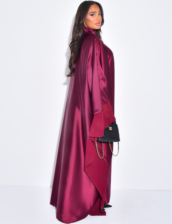 Thick satin abaya dress with sheer voile trim