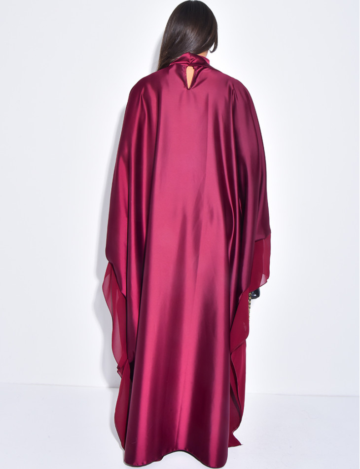 Thick satin abaya dress with sheer voile trim