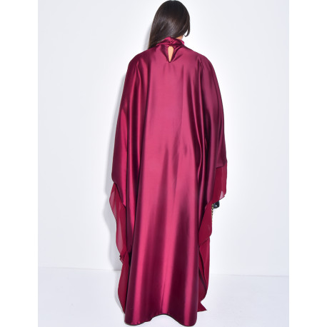 Thick satin abaya dress with sheer voile trim