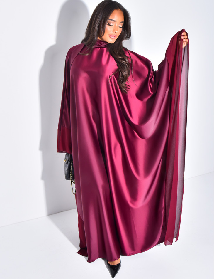 Thick satin abaya dress with sheer voile trim