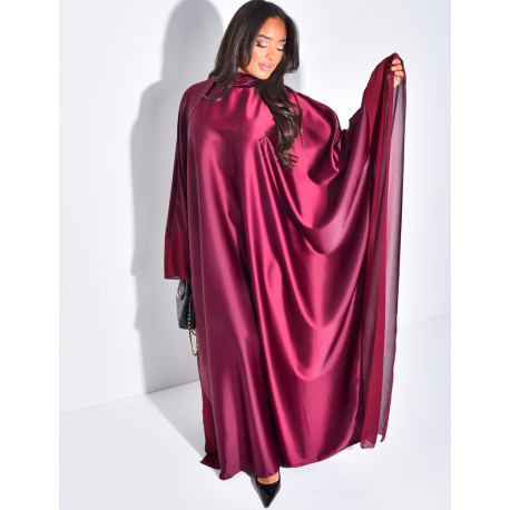 Thick satin abaya dress with sheer voile trim