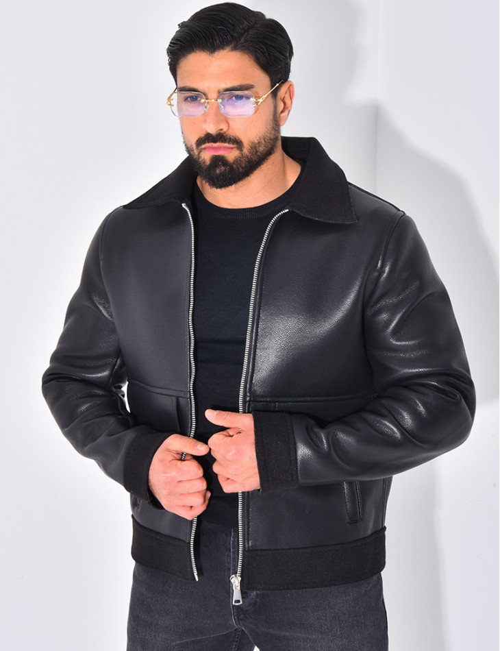 Veste en similicuir aux extrémitées contrastantes