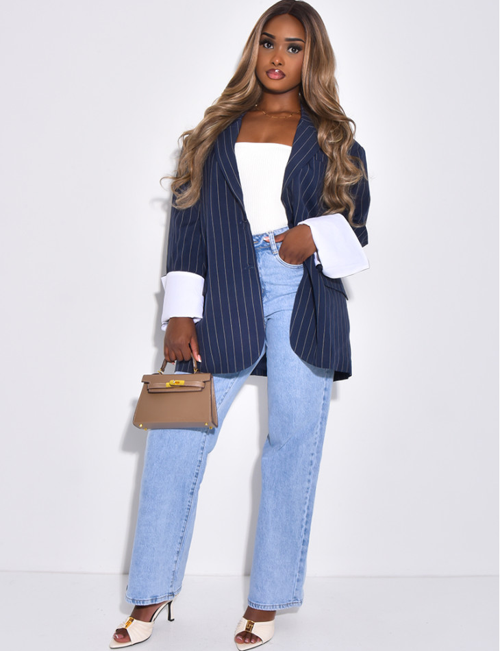 Veste de blazer à rayures & manches à revers contrastants