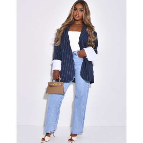 Veste de blazer à rayures & manches à revers contrastants